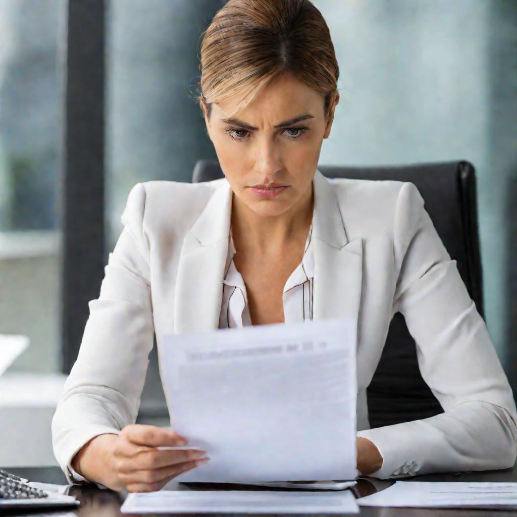 Женщина-предприниматель в костюме держит и рассматривает документ
