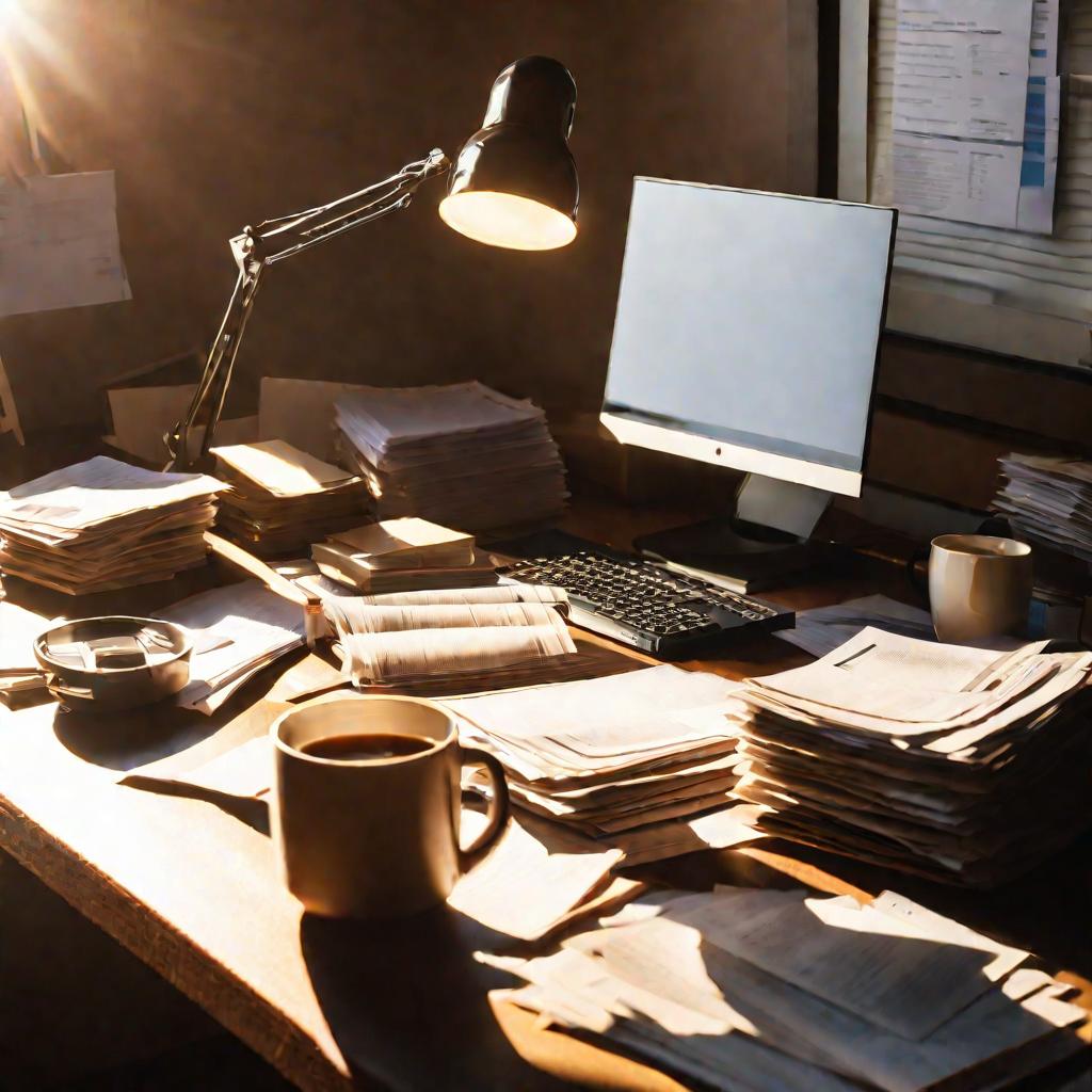 Вид сверху на офисный стол с кипами счетов и финансовых ведомостей в утреннем свете