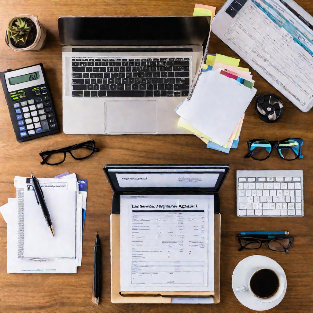 Вид сверху на стол с калькуляторами, ручками и ноутбуком с налоговым сайтом