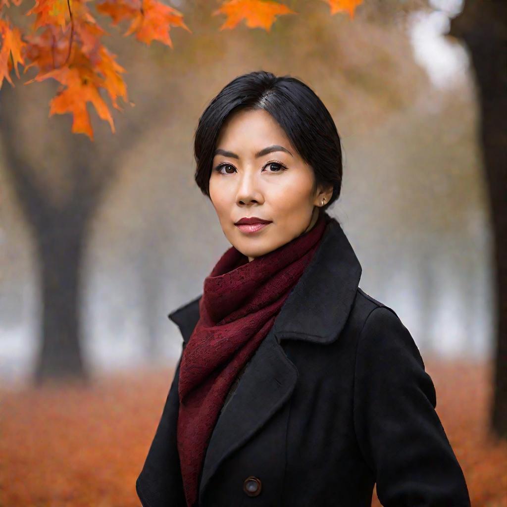 Портрет женщины предпринимателя на фоне туманного парка