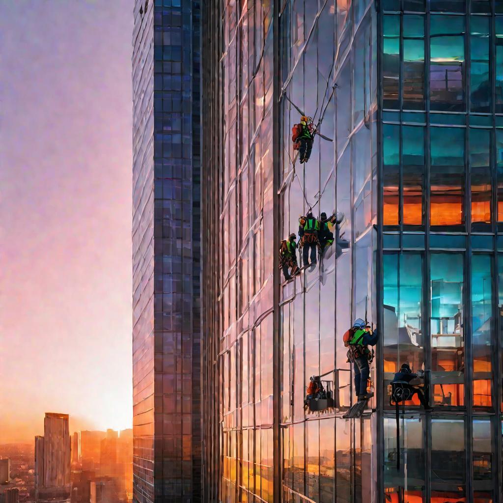 Фасад стеклянного небоскреба на закате летом. Двое мужчин в спецснаряжении свешиваются с боков здания, обследуя стекла на микротрещины