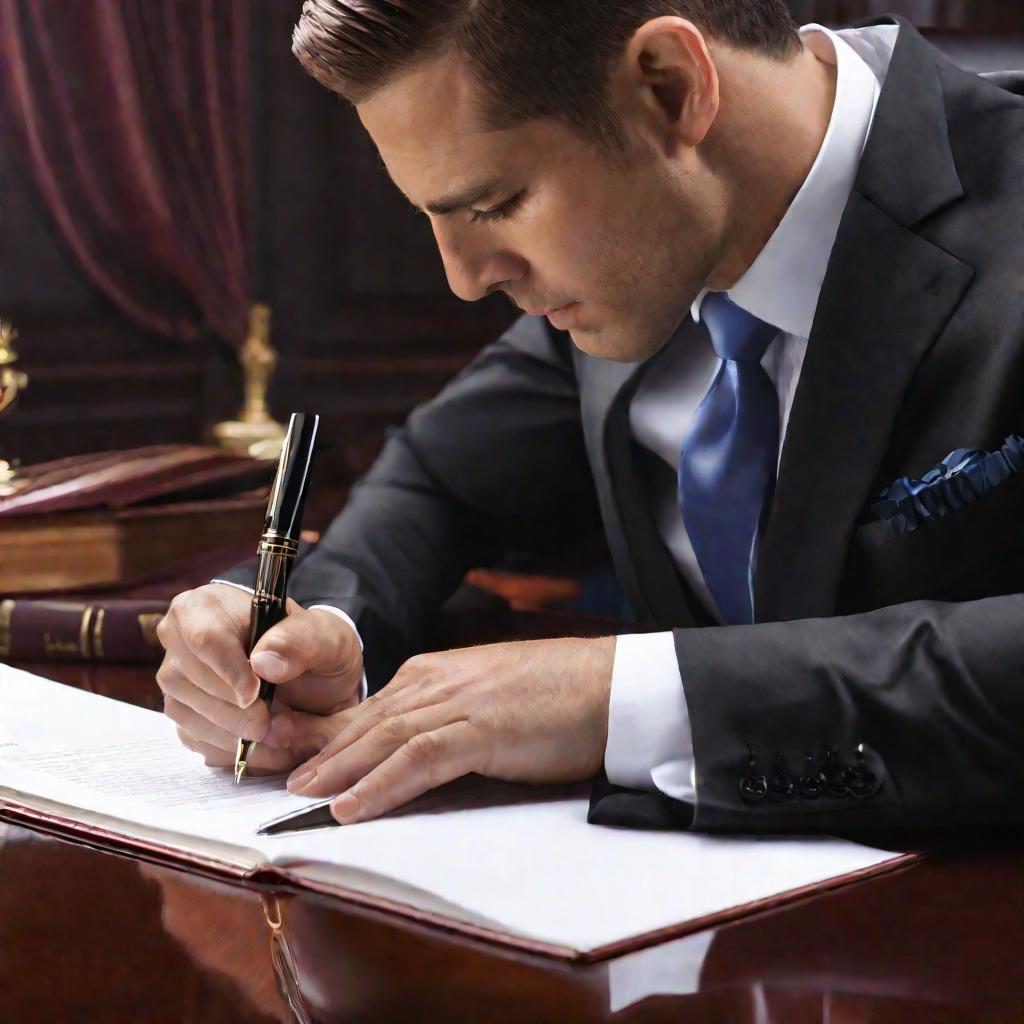 Портрет бизнесмена в костюме, подписывающего контракты