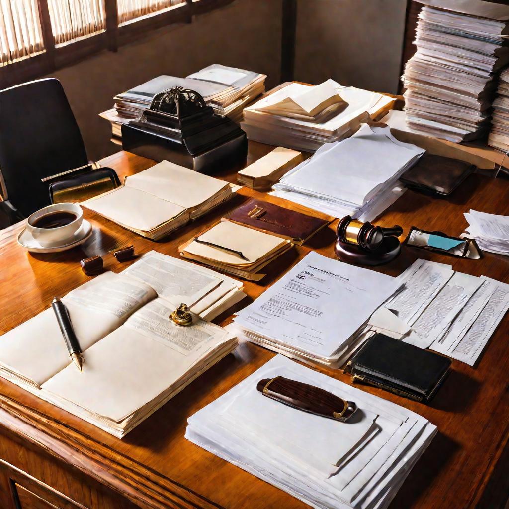 Рабочий стол в офисе, заваленный юридическими документами, папками, книгами по праву