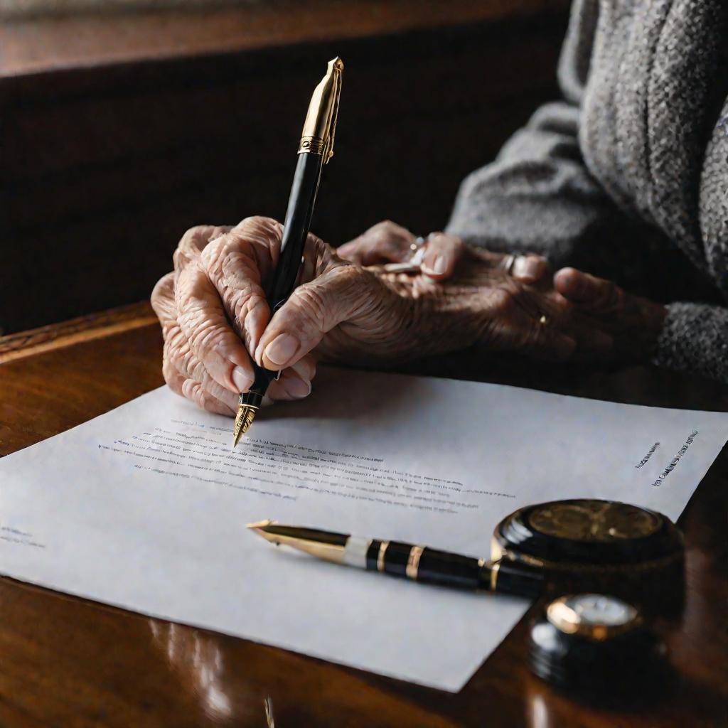 Пожилая женщина подписывает заявление