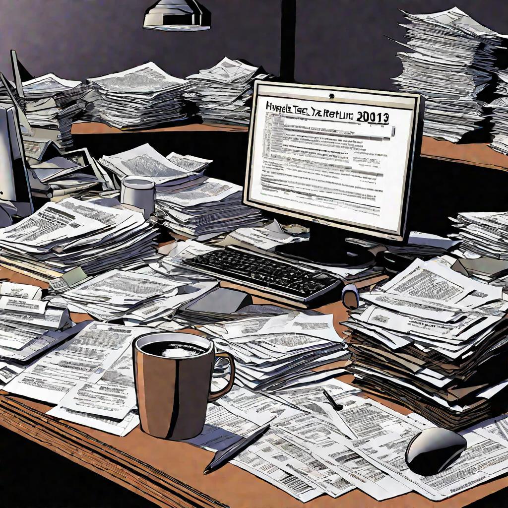 Беспорядочный рабочий стол бухгалтера ночью, заваленный налоговыми документами, калькуляторами, ручками, кружками и открытым ноутбуком с программой для заполнения налоговой декларации
