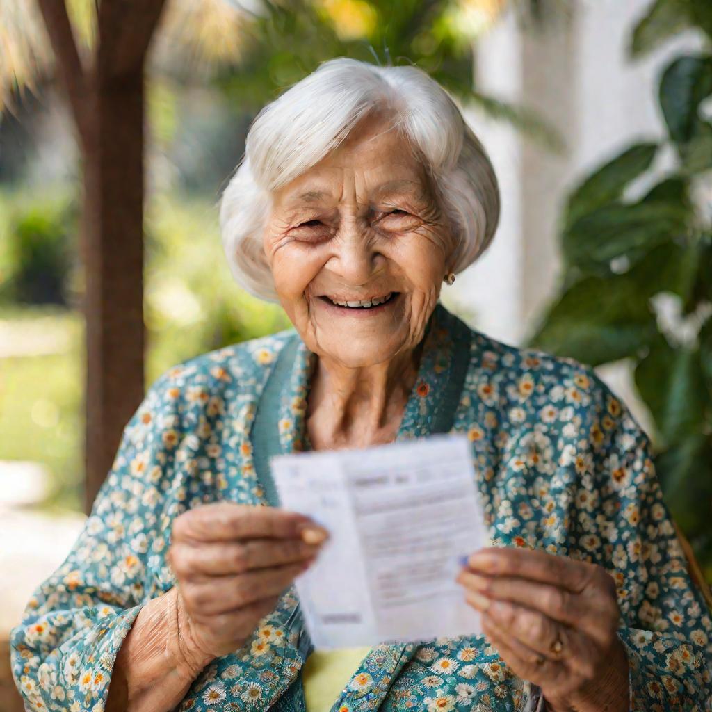 Пожилая женщина радостно демонстрирует медкнижку