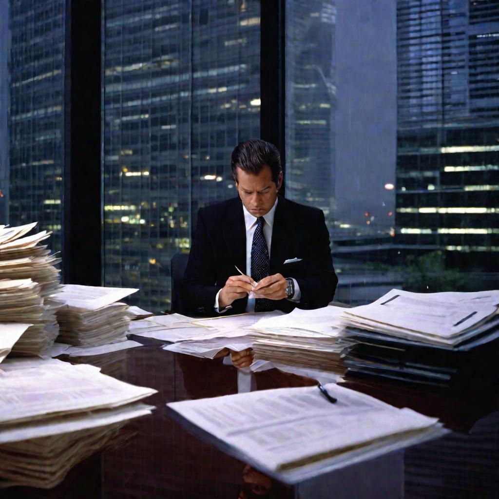 Бизнесмен в костюме сосредоточенно анализирует финансовые отчеты и данные о кредиторской задолженности в своем офисе на фоне ночного дождливого города за окном