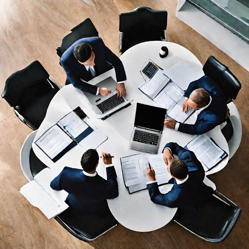 Вид сверху на совещание топ-менеджеров по оптимизации кредиторской задолженности в светлом современном офисе