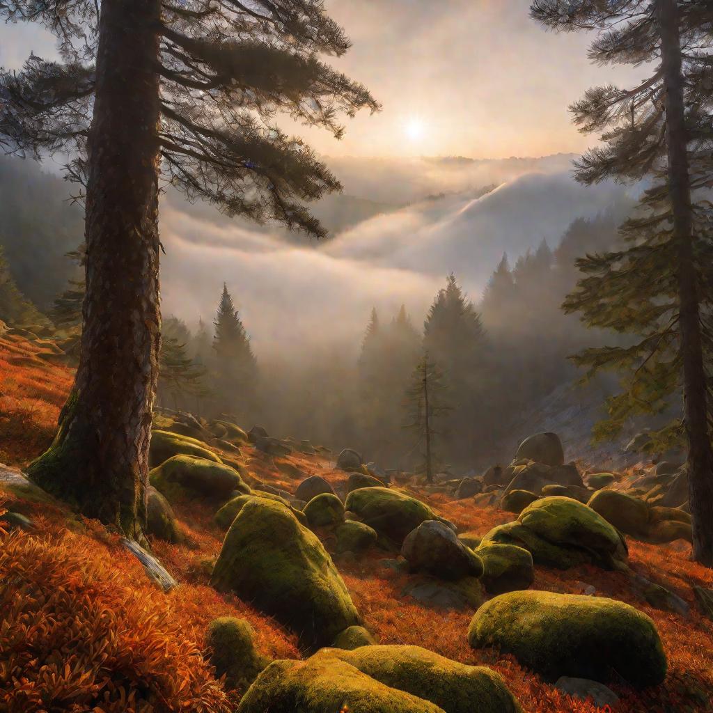 Туманный лес в горах осенью